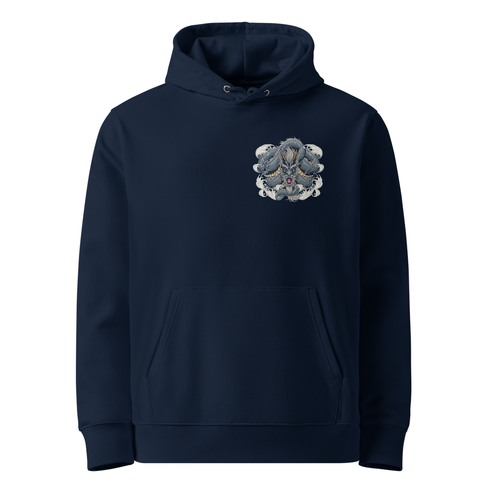 Dragon Weave Graphic Hoodie in French Navy with a left chest print of a coiling dragon.