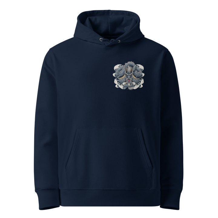 Dragon Weave Graphic Hoodie in French Navy with a left chest print of a coiling dragon.