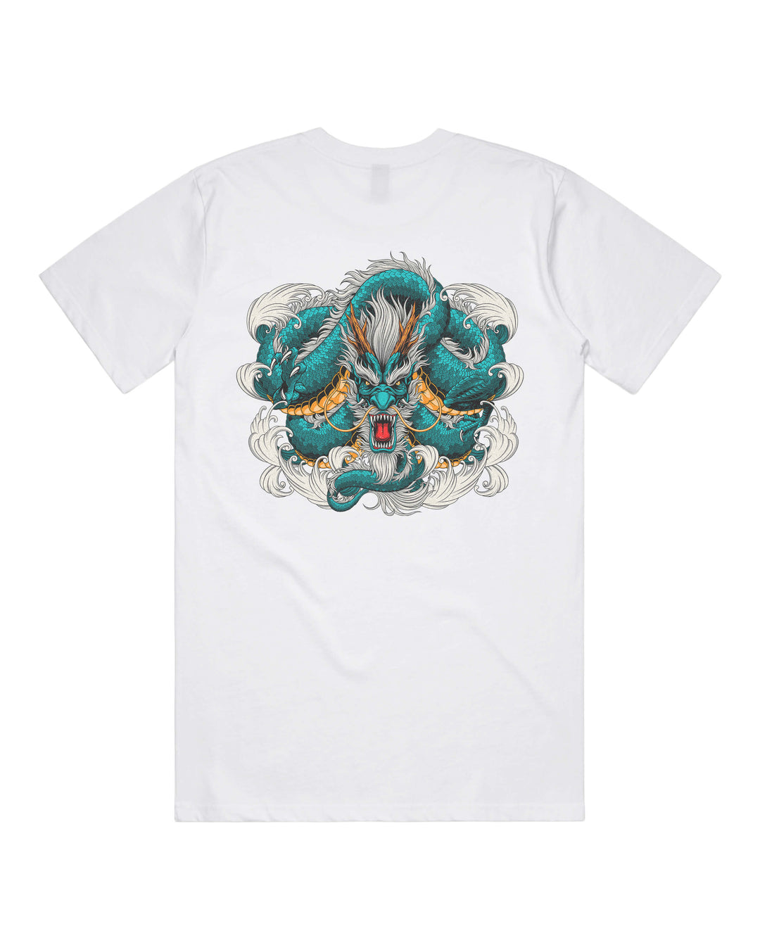 White graphic t-shirt with large teal coiled dragon back print