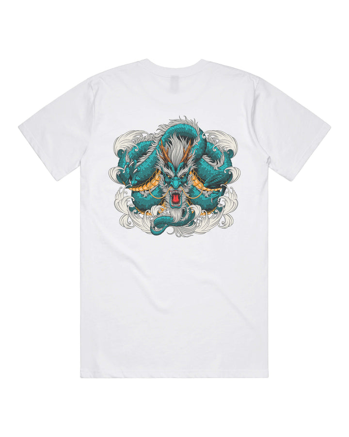 White graphic t-shirt with large teal coiled dragon back print
