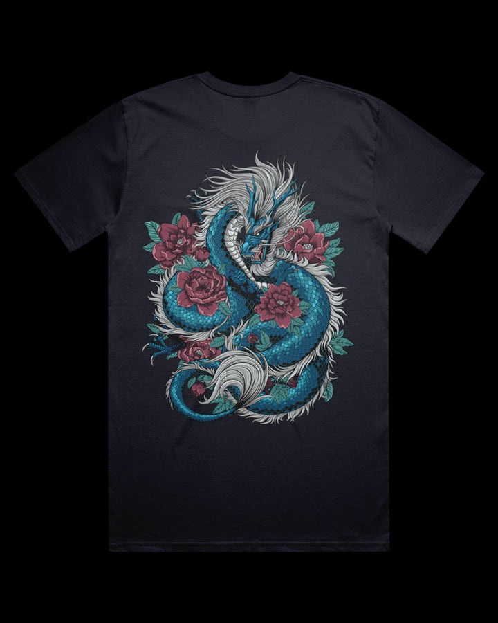 navy tee with dragon and blossom back print