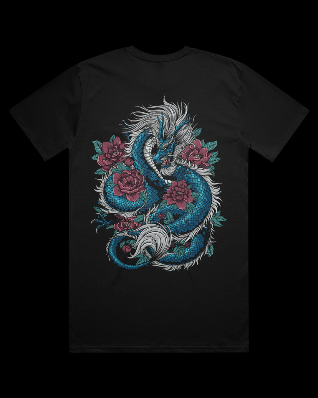 black tee with dragon and blossom back print