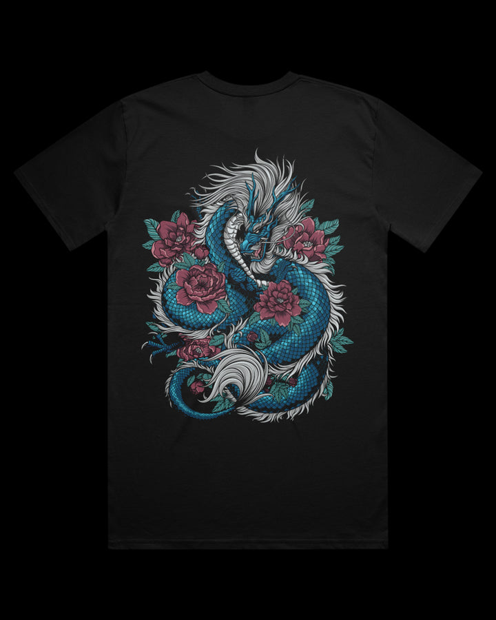black tee with dragon and blossom back print