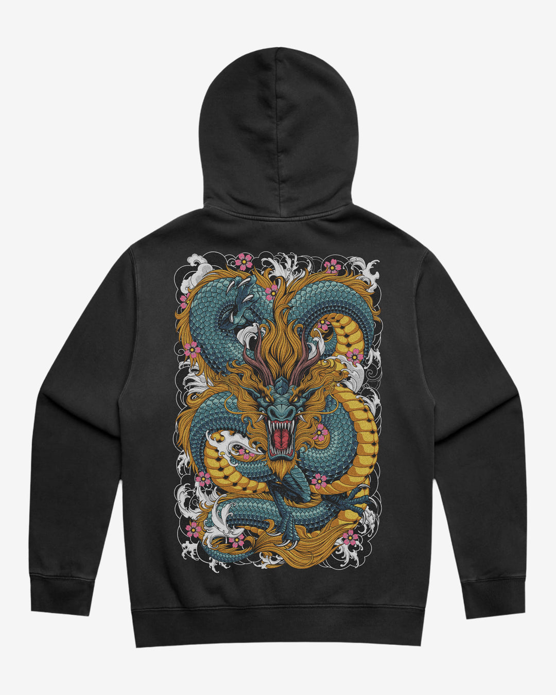 A black pullover hoodie shown from the back, featuring a large, detailed graphic of a Japanese-style dragon in shades of teal, gold, and orange with white waves and pink floral accents.