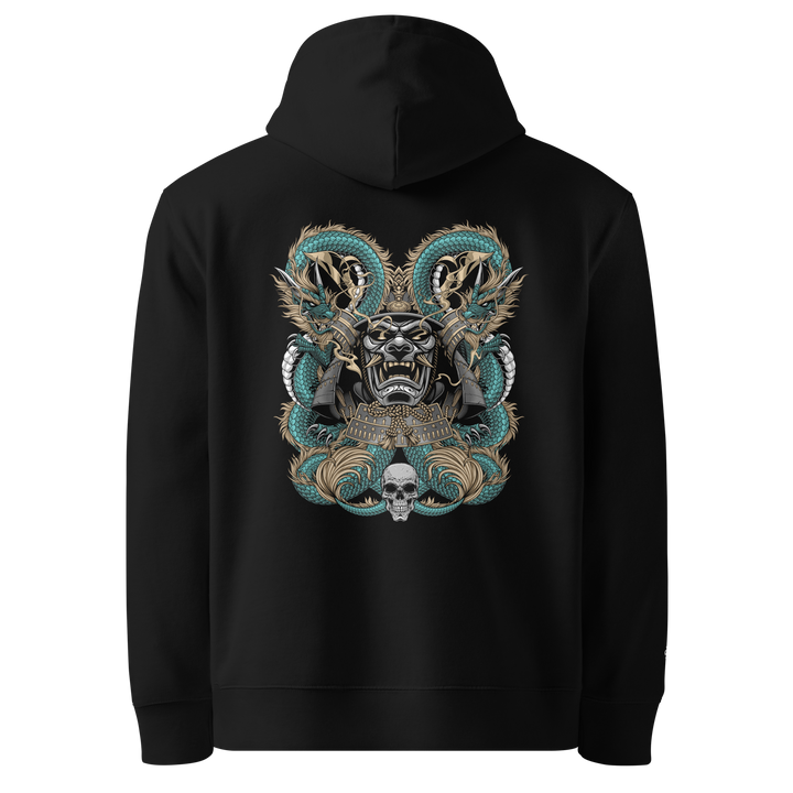 Dragons Embrace Graphic Hoodie in Black with a back print of a samurai mask and two coiled dragons