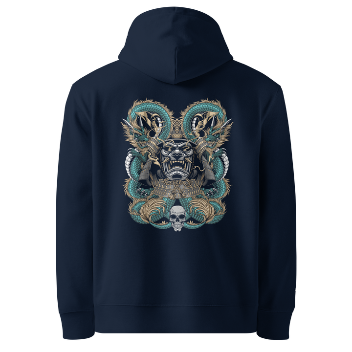 Dragons Embrace Graphic Hoodie in French Navy with a back print of a samurai mask and two coiled dragons