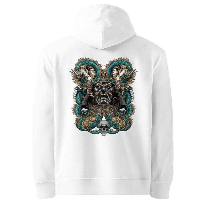 Dragons Embrace Graphic Hoodie in White with a back print of a samurai mask and two coiled dragons