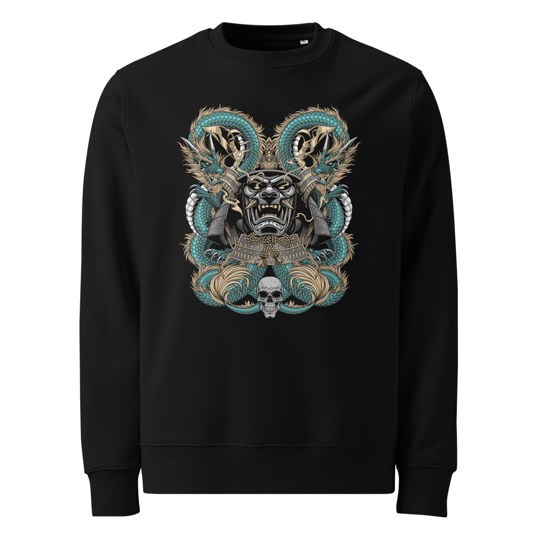 Black Dragons Embrace Samurai Mask Graphic Sweatshirt featuring two coiled dragons and a samurai mask, inspired by Japanese tattoo art