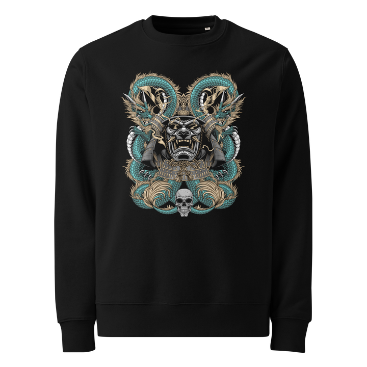 Black Dragons Embrace Samurai Mask Graphic Sweatshirt featuring two coiled dragons and a samurai mask, inspired by Japanese tattoo art