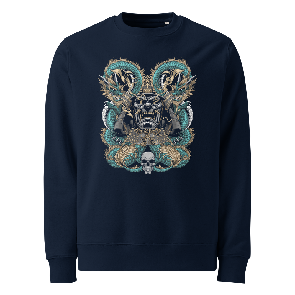 French Navy Dragons Embrace Samurai Mask Graphic Sweatshirt featuring two coiled dragons and a samurai mask, inspired by Japanese Irezumi tattoo art