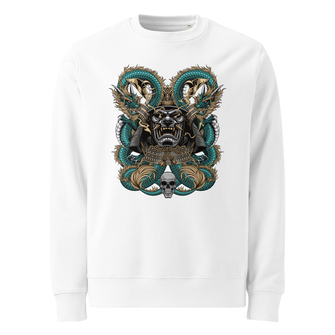 White Dragons Embrace Samurai Mask Graphic Sweatshirt featuring a samurai mask surrounded by two dragons, blending Japanese tattoo art and streetwear fashion