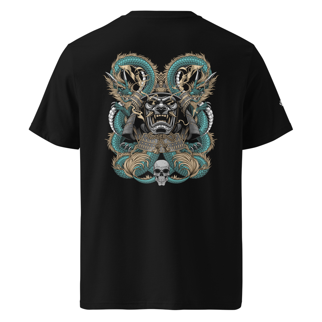 Black Dragon's Embrace Samurai Mask Graphic Tee with back print featuring dragons and a samurai mask