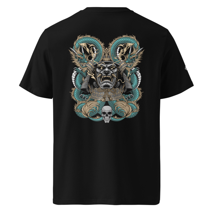 Black Dragon's Embrace Samurai Mask Graphic Tee with back print featuring dragons and a samurai mask