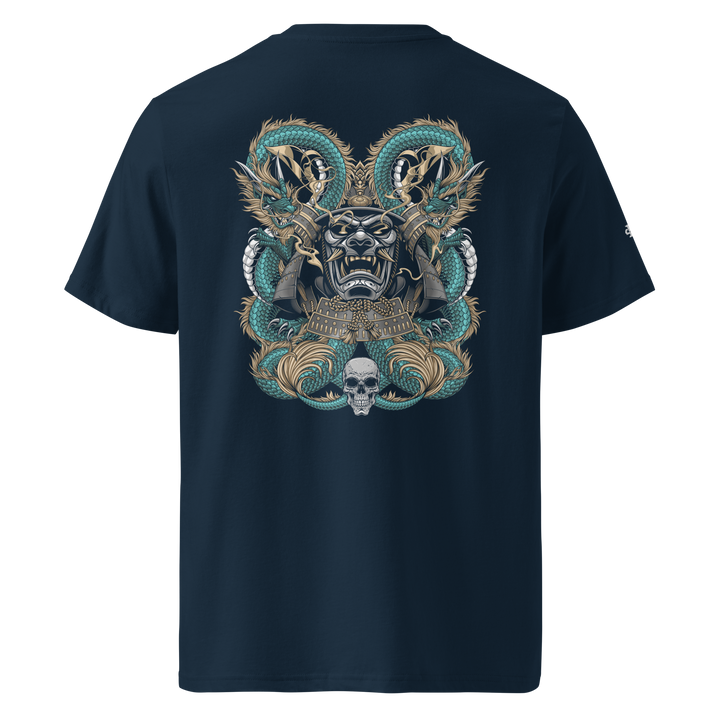 French Navy Dragon's Embrace Samurai Mask Graphic Tee with a detailed back print of dragons and samurai mask