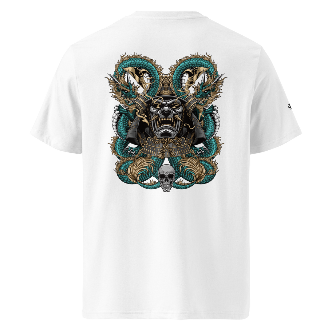 White Dragon's Embrace Samurai Mask Graphic Tee with back print of dragons entwined around a samurai mask