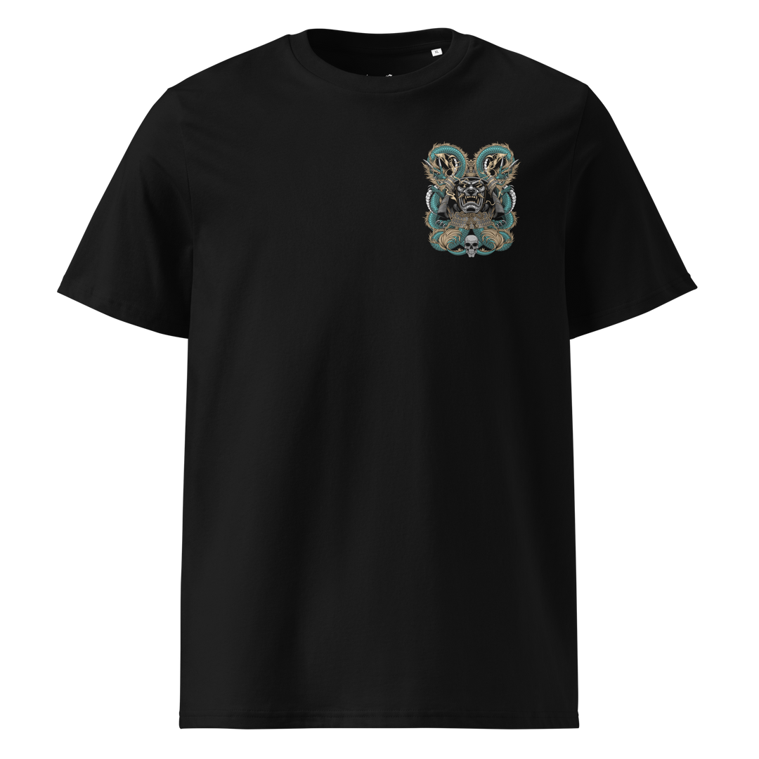 Black Dragon's Embrace Samurai Mask Graphic Tee with a left chest print of dragons and a samurai mask