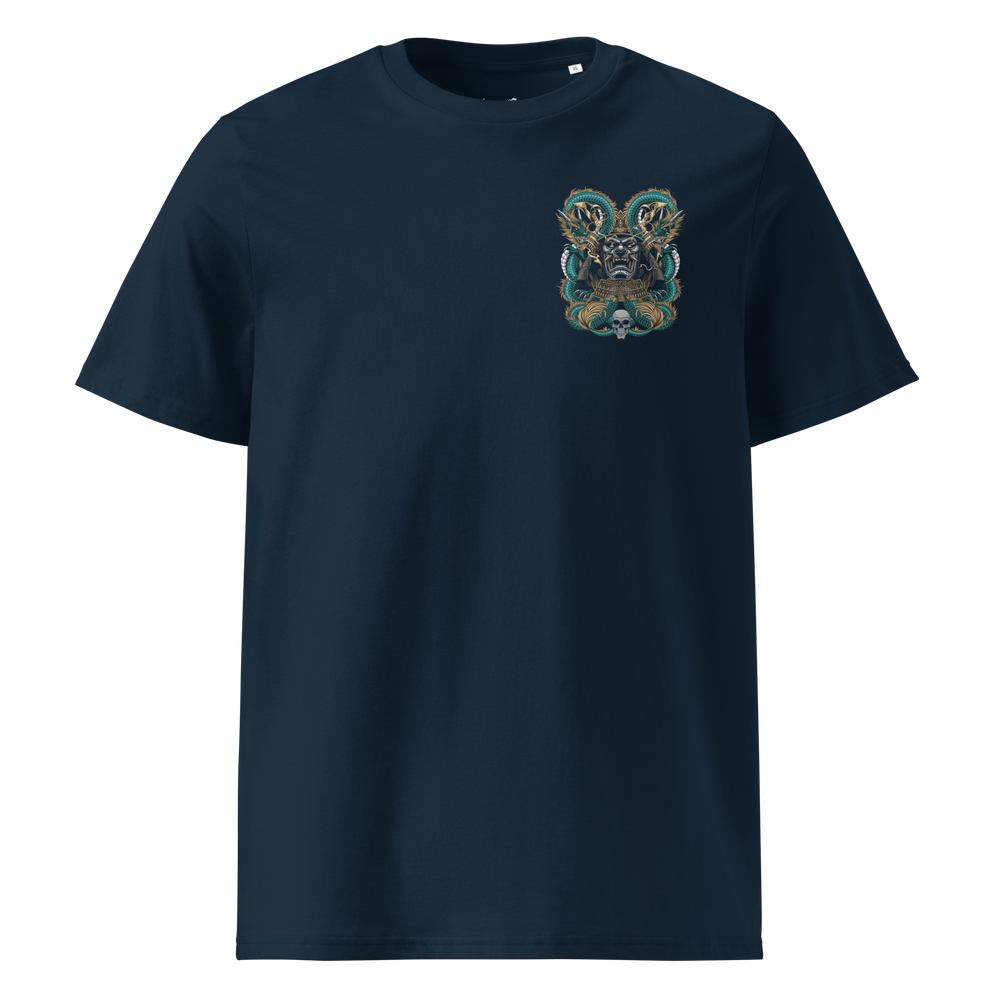 French Navy Dragon's Embrace Samurai Mask Graphic Tee with a bold left chest print of dragons and a samurai mask