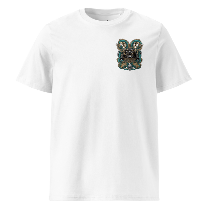 Dragon's Embrace Samurai Mask Graphic Tee featuring a left chest print of a samurai mask and dragons