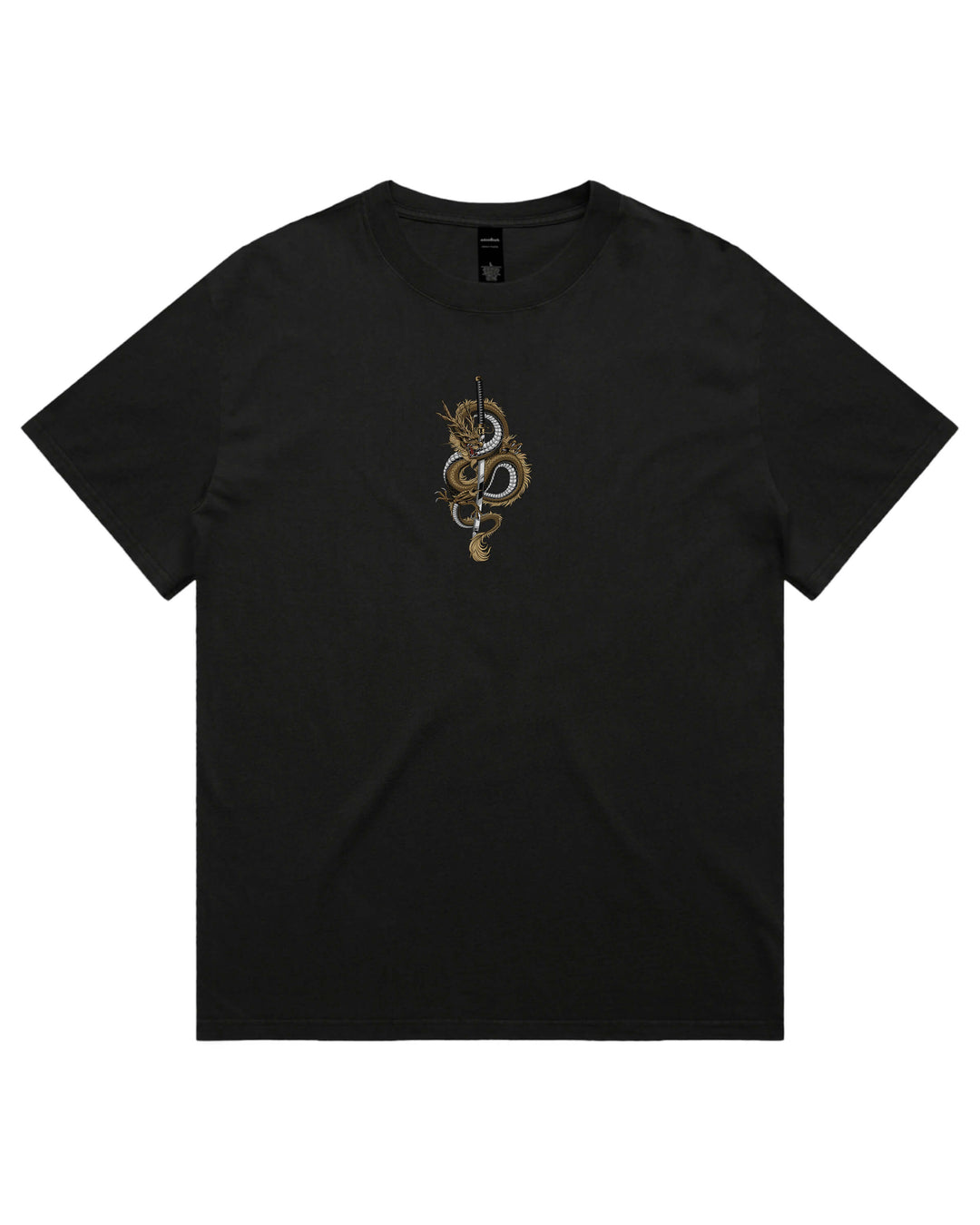 Oversized Black t-shirt with dragon coiling katata sword chest print