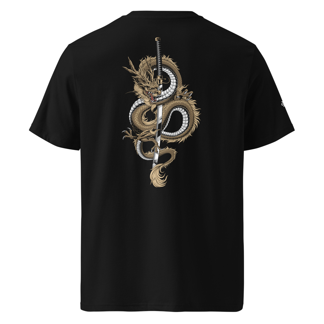 Black Dragon’s Fury Graphic Tee featuring a back print of a coiled dragon wrapped around a katana, inspired by Japanese Irezumi tattoo art