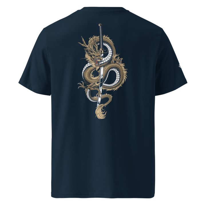 French Navy Dragon’s Fury Graphic Tee featuring a back print of a coiled dragon wrapped around a katana, perfect for Japanese streetwear fashion