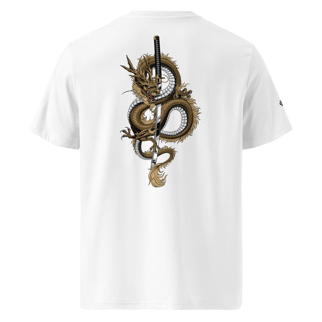 White Dragon’s Fury Graphic Tee featuring a bold back print of a dragon wrapped around a katana, blending Japanese tattoo art with modern streetwear