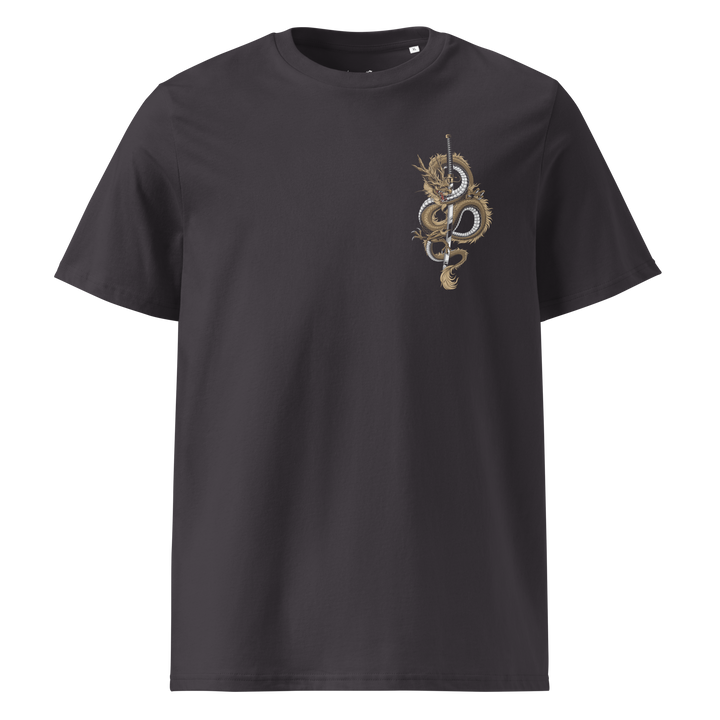 Anthracite Dragon’s Fury Graphic Tee featuring a left chest print of a coiled dragon wrapped around a katana, inspired by Japanese tattoo art