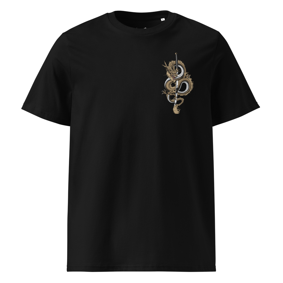 Black Dragon’s Fury Graphic Tee featuring a left chest print of a coiled dragon and katana, inspired by Japanese tattoo art