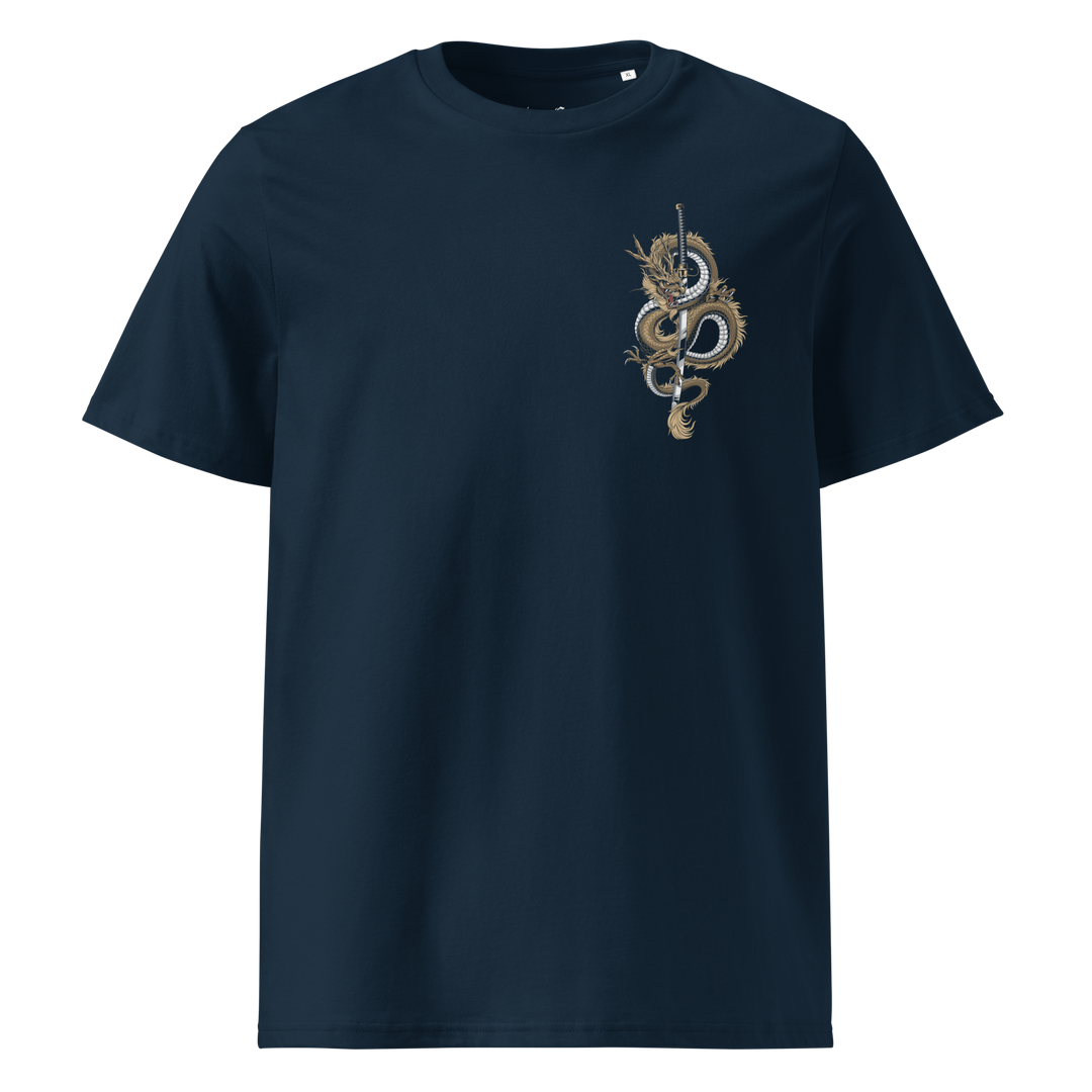 Navy Dragon’s Fury Graphic Tee with a left chest print of a dragon coiled around a katana, perfect for Japanese streetwear lovers