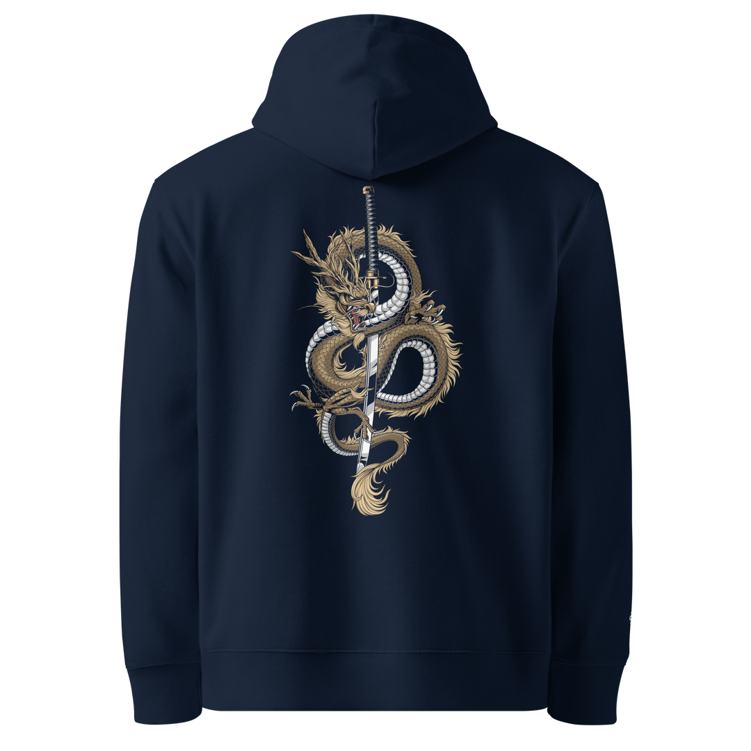 Dragons Fury Graphic Hoodie in French Navy with a dragon coiled around a katana.