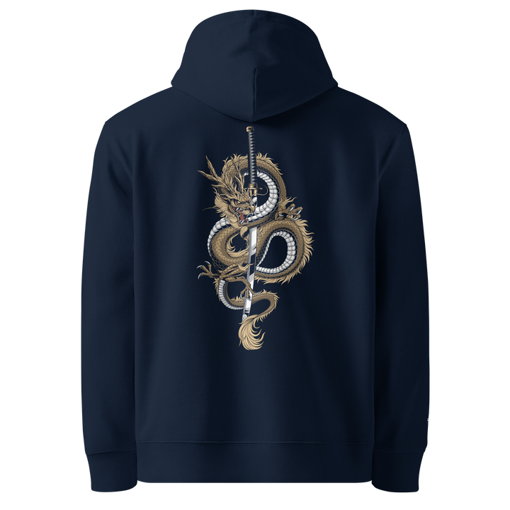 Dragons Fury Graphic Hoodie in French Navy with a dragon coiled around a katana.