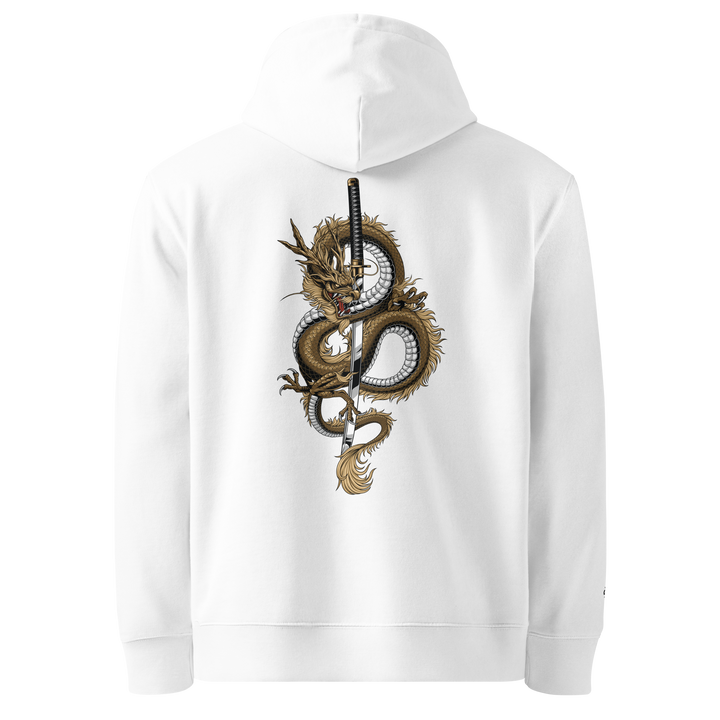 Dragons Fury Graphic Hoodie in White with a dragon coiled around a katana.