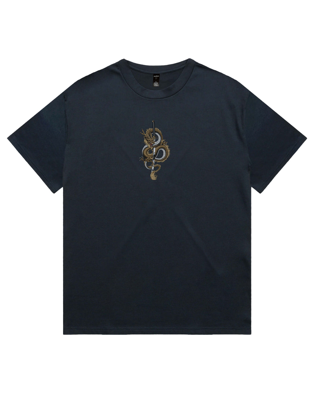 Oversized Navy t-shirt with dragon coiling katata sword chest print