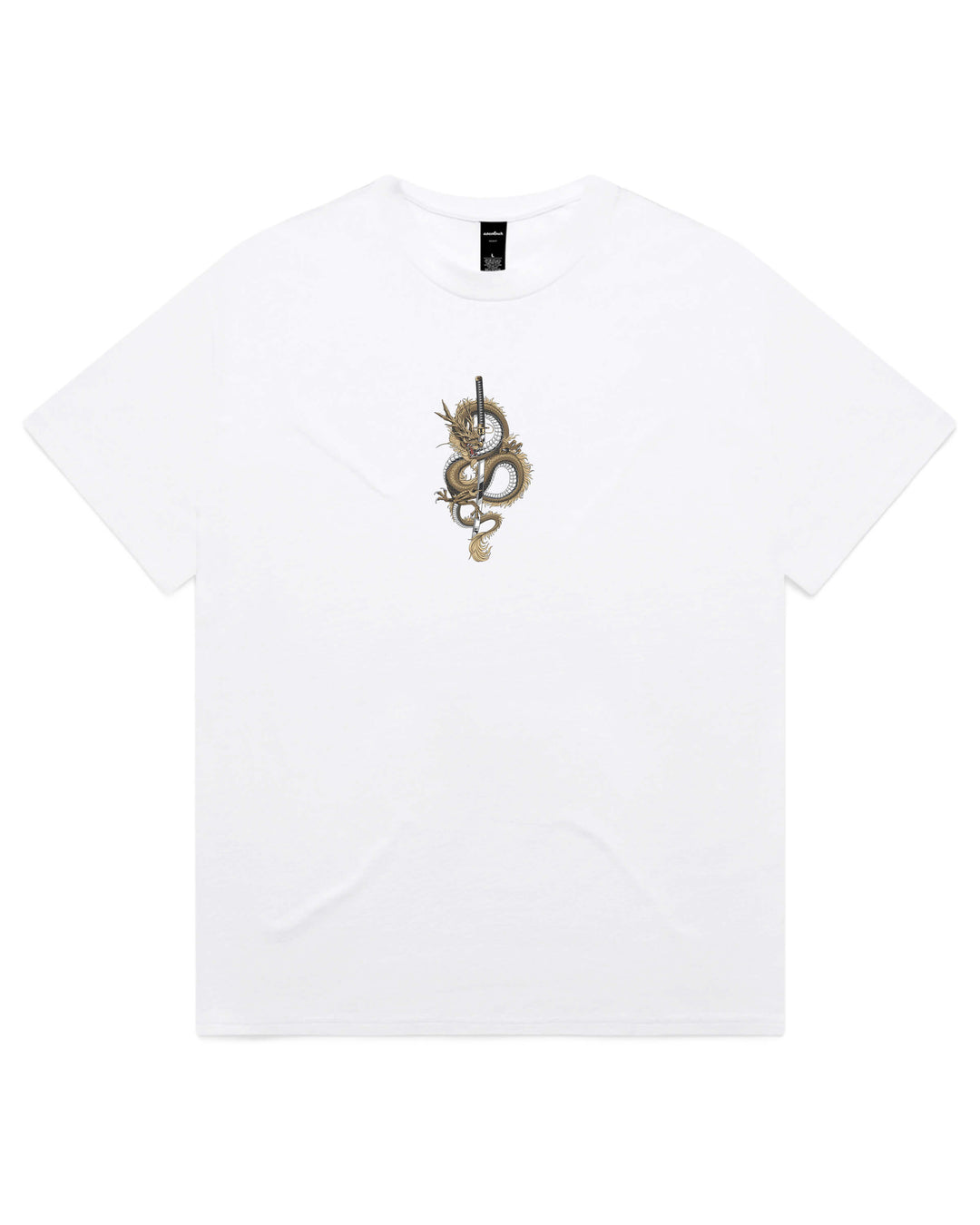 Oversized White t-shirt with dragon coiling katata sword chest print