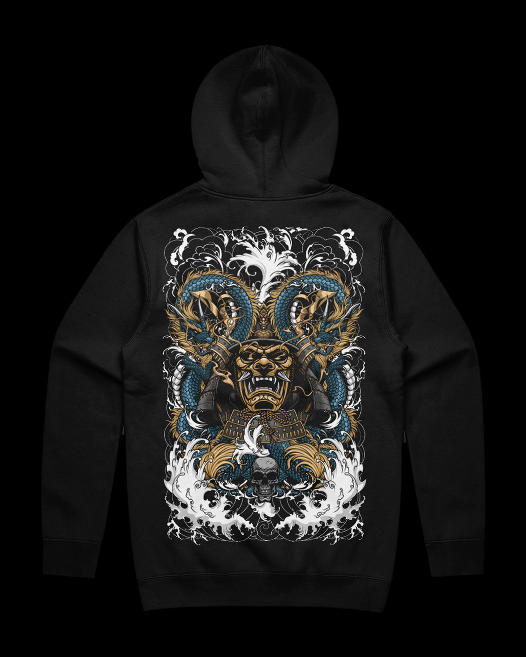 graphic hoodie featuring samurai and dragons on the back