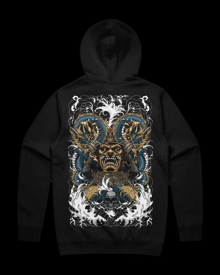 graphic hoodie featuring samurai and dragons on the back