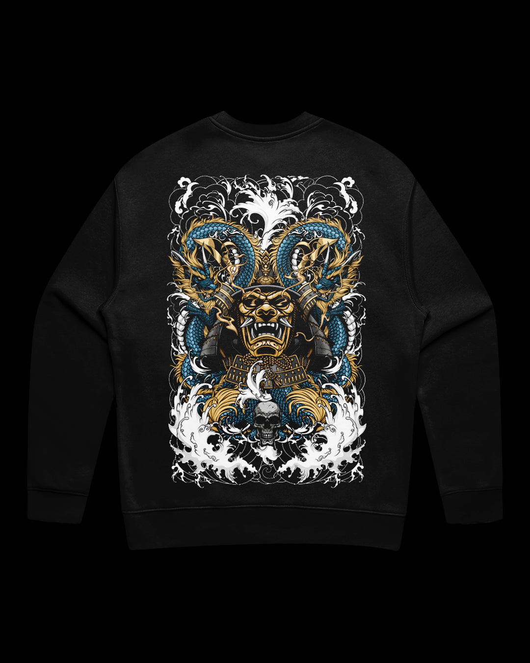 Black sweatshirt with a dragon and samurai tattoo inspired back design large print