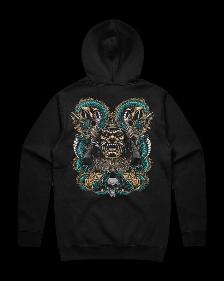 Dragons Embraced Tattoo-Inspired Heavyweight Hoodie with samurai mask and twin dragons