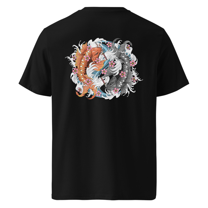 A black t-shirt featuring a detailed back print of two koi fish in Yin Yang formation with samurai swords, surrounded by waves and cherry blossoms.