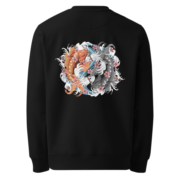 Dual Koi Sweatshirt with a back print of two koi fish in a yin-yang formation, surrounded by cherry blossoms and traditional Irezumi-style waves.