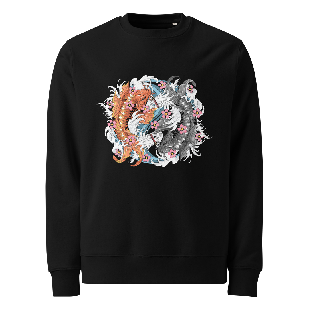 Dual Koi Sweatshirt featuring a front chest print of two koi fish in a circular design with cherry blossoms and wave accents, inspired by Irezumi art.