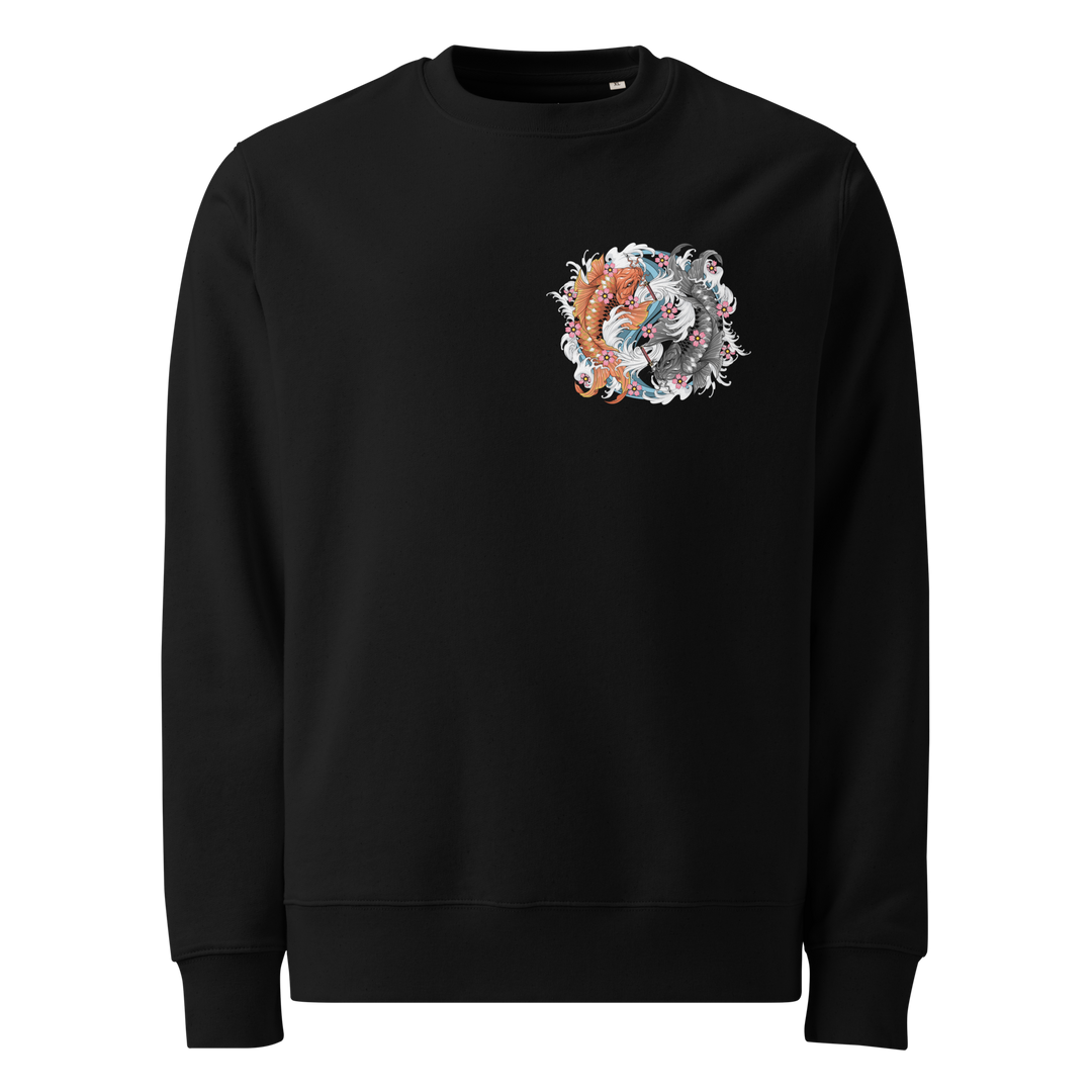 Dual Koi Sweatshirt with a left chest print of two koi fish in a circular design with cherry blossoms and wave patterns, inspired by Irezumi art.