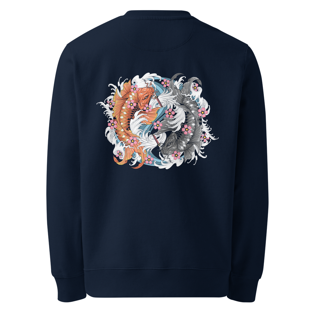 Dual Koi navy Sweatshirt with a back print of two koi fish in a yin-yang formation, surrounded by cherry blossoms and traditional Irezumi-style waves.