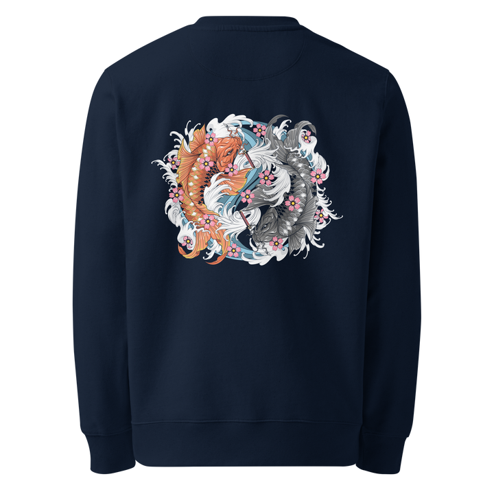 Dual Koi navy Sweatshirt with a back print of two koi fish in a yin-yang formation, surrounded by cherry blossoms and traditional Irezumi-style waves.