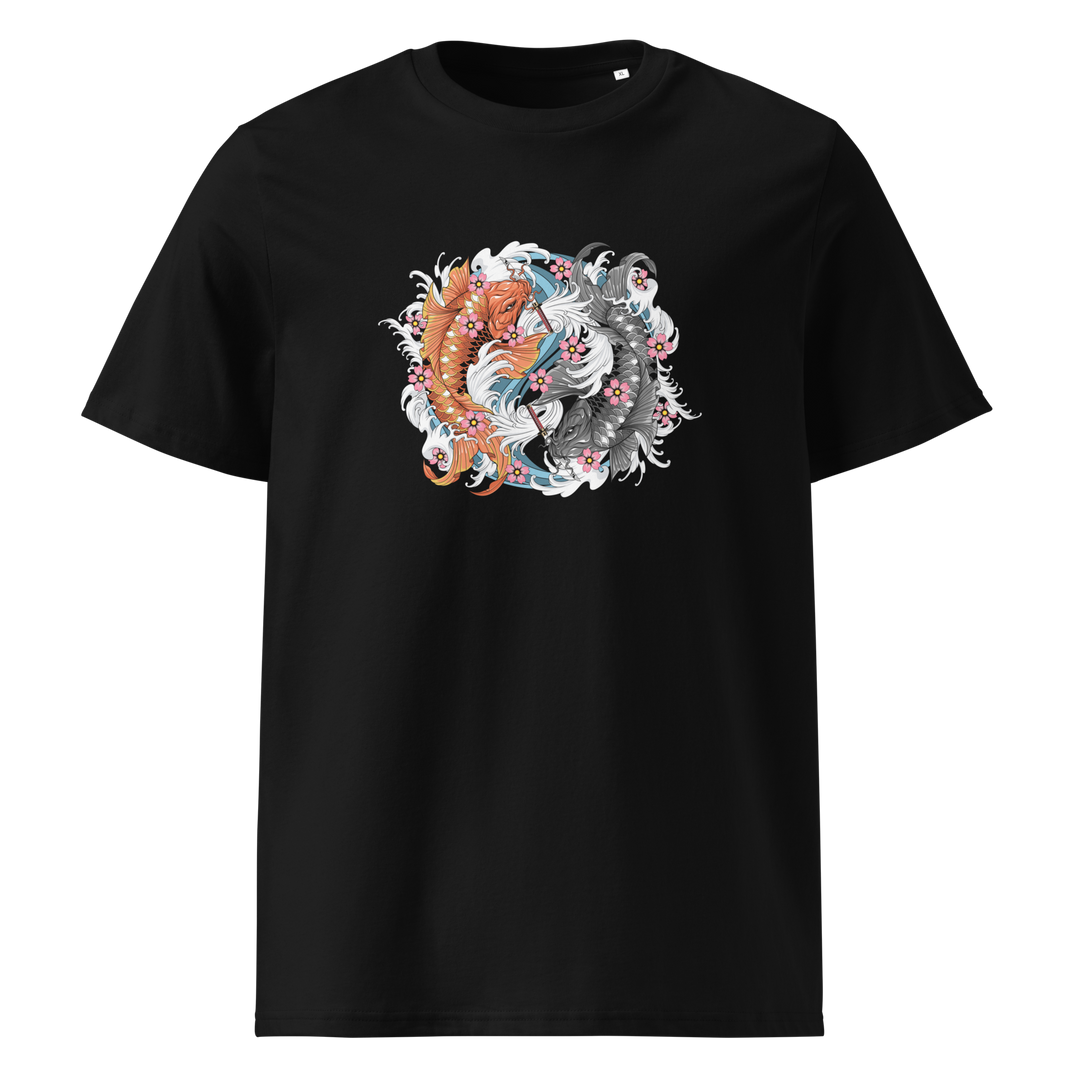 Yin Yang Koi Fish in Irezumi Style on Black T-Shirt