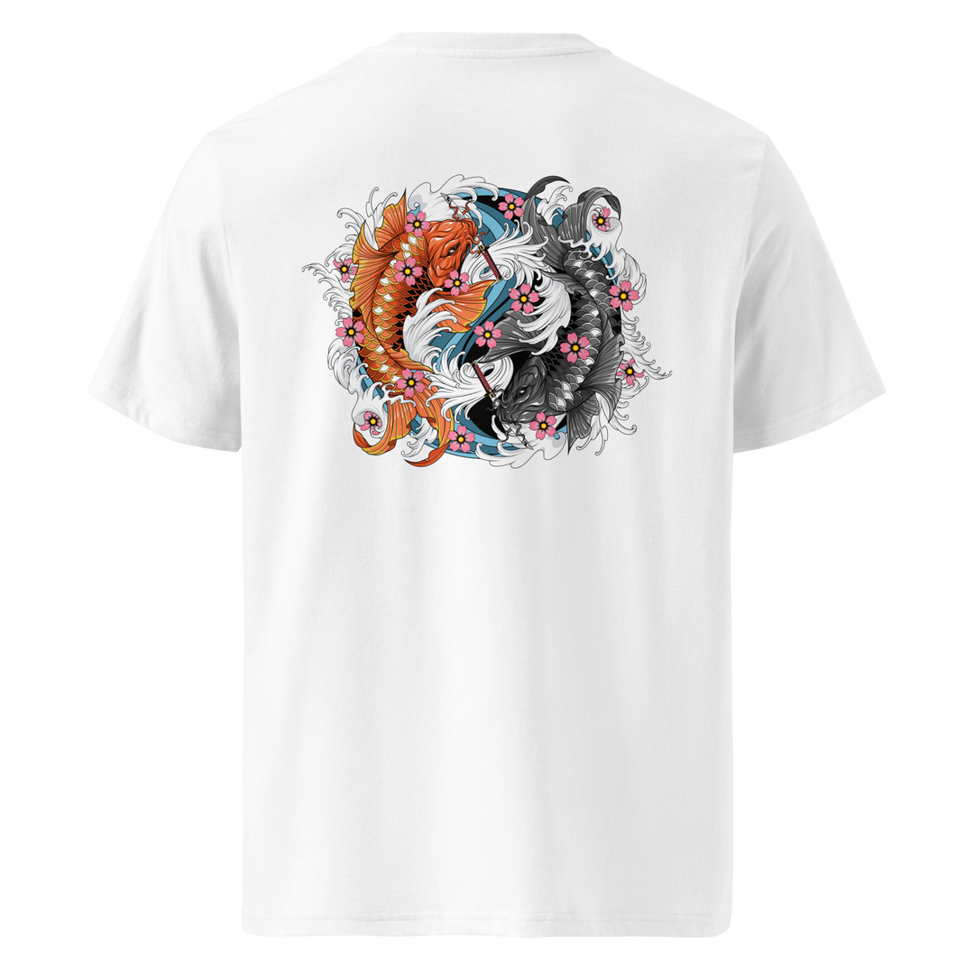 A white t-shirt featuring a detailed back print of two koi fish in Yin Yang formation with samurai swords, surrounded by waves and cherry blossoms.