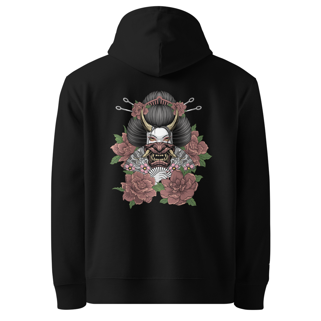 Black Elegant Malevolence Geisha Graphic Hoodie featuring a back print of a masked geisha holding a fan with floral accents.