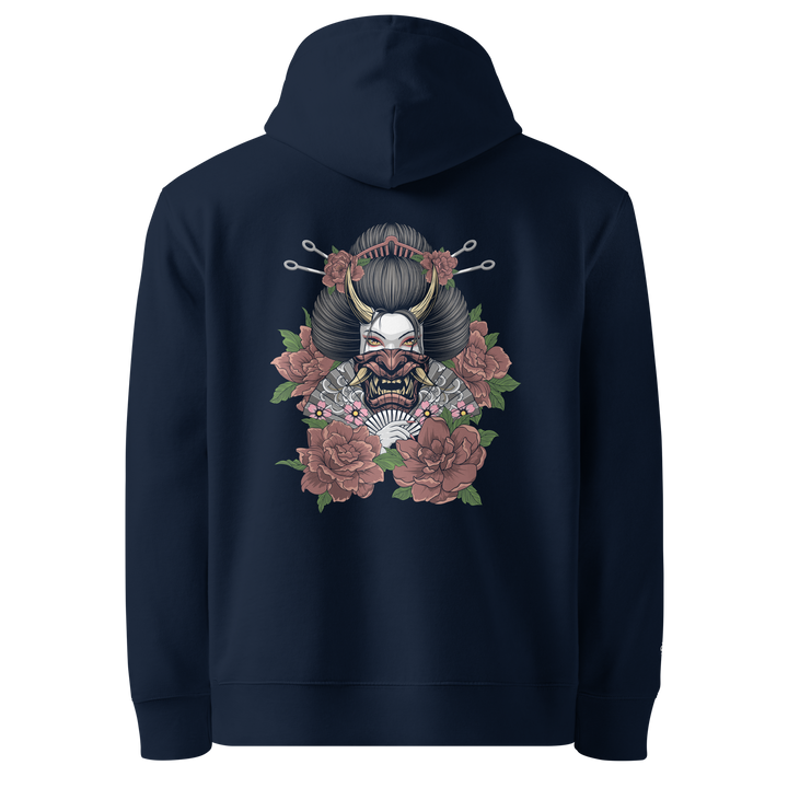 French Navy Elegant Malevolence Geisha Graphic Hoodie featuring a back print of a masked geisha holding a fan with floral accents.