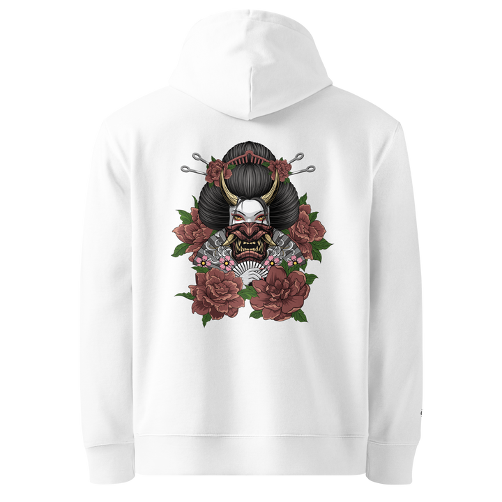 White Elegant Malevolence Geisha Graphic Hoodie featuring a back print of a masked geisha holding a fan with floral accents.