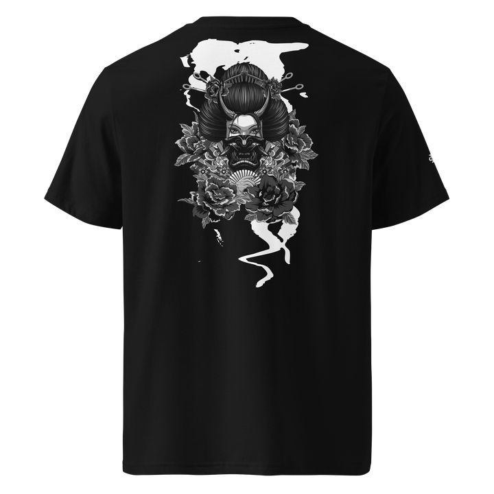 Black Elegant Malevolence Graphic Tee featuring a back print of a Geisha, inspired by Japanese Irezumi tattoo art